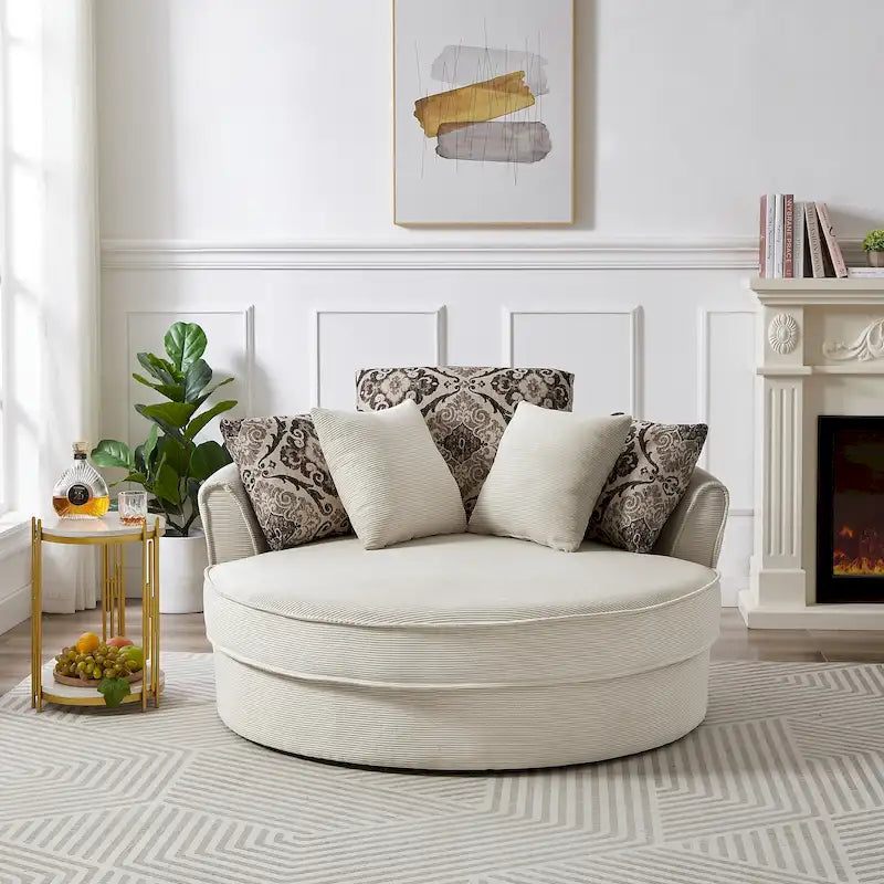 Rotating bucket chairs create a relaxed and comfortable living space.