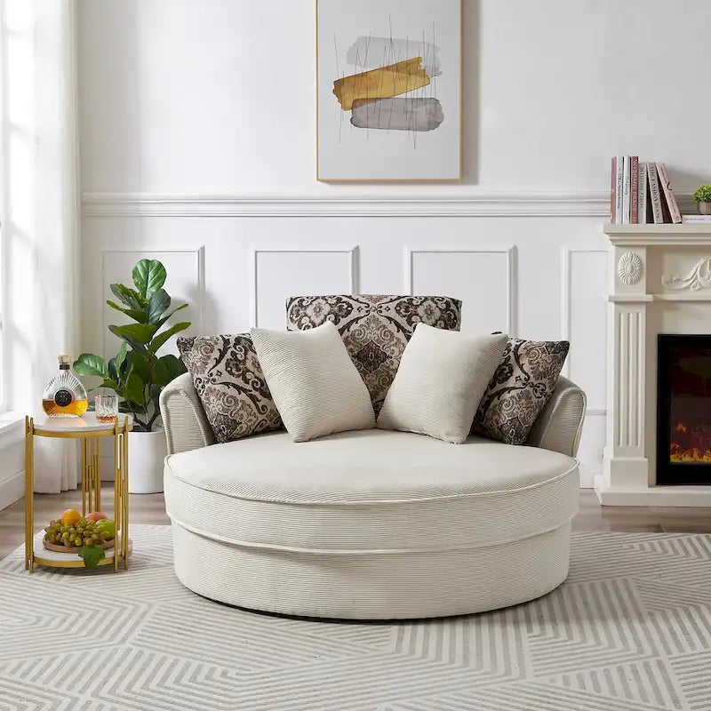 Rotating bucket chairs create a relaxed and comfortable living space.