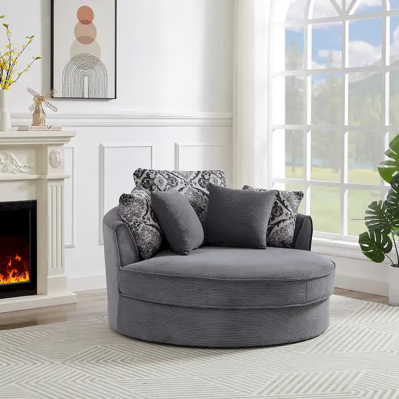 Rotating bucket chairs create a relaxed and comfortable living space.