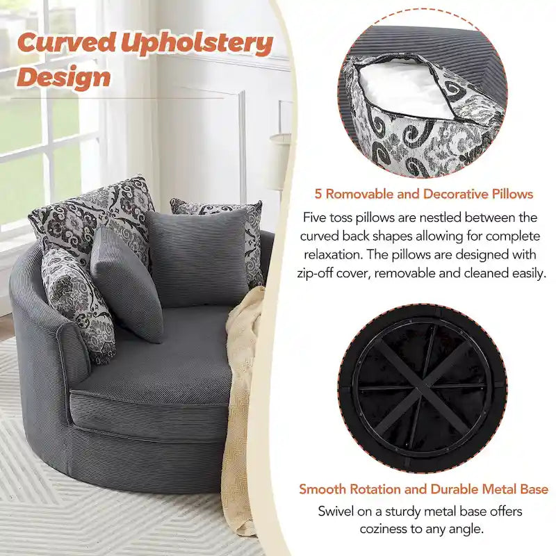 Rotating bucket chairs create a relaxed and comfortable living space.