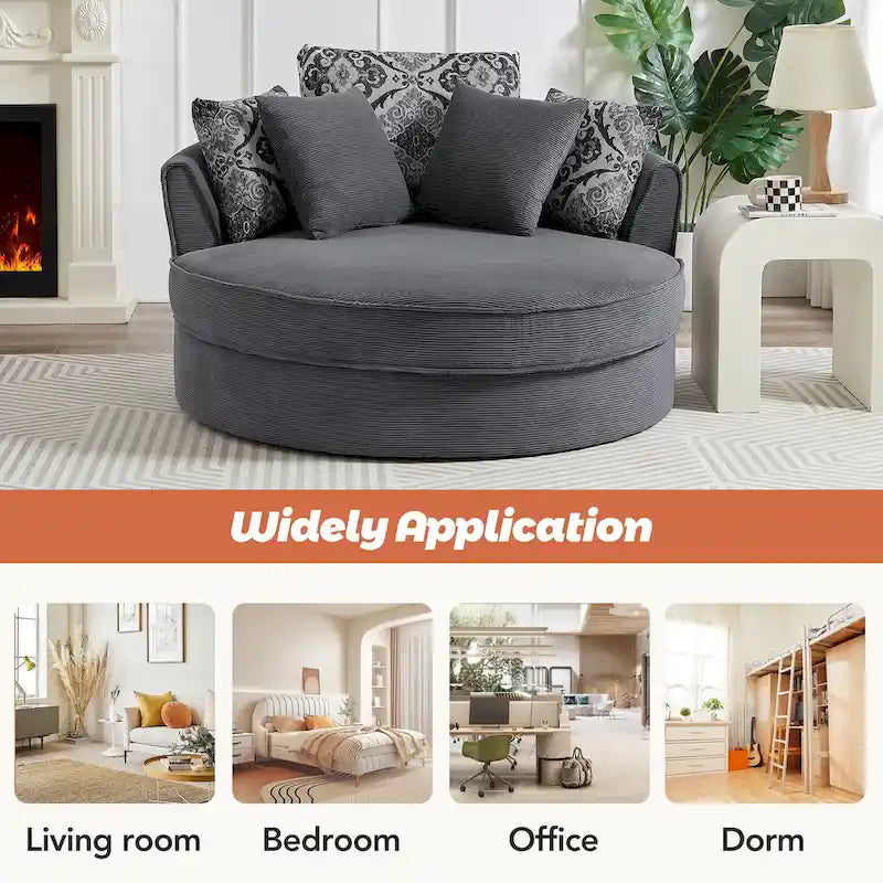 Rotating bucket chairs create a relaxed and comfortable living space.