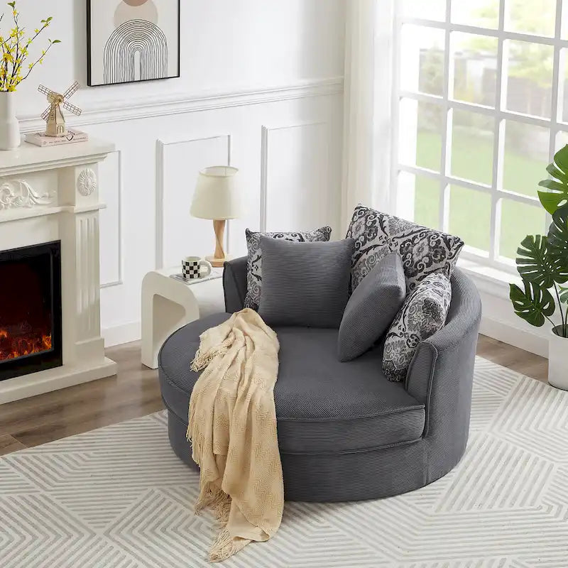 Rotating bucket chairs create a relaxed and comfortable living space.