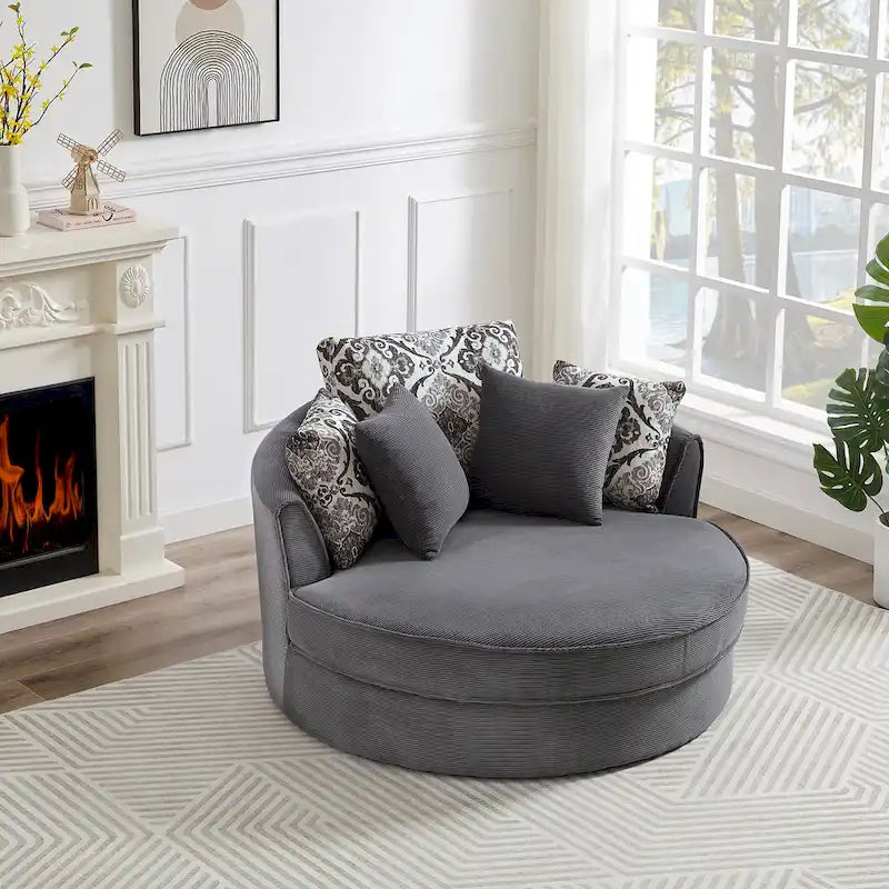 Rotating bucket chairs create a relaxed and comfortable living space.