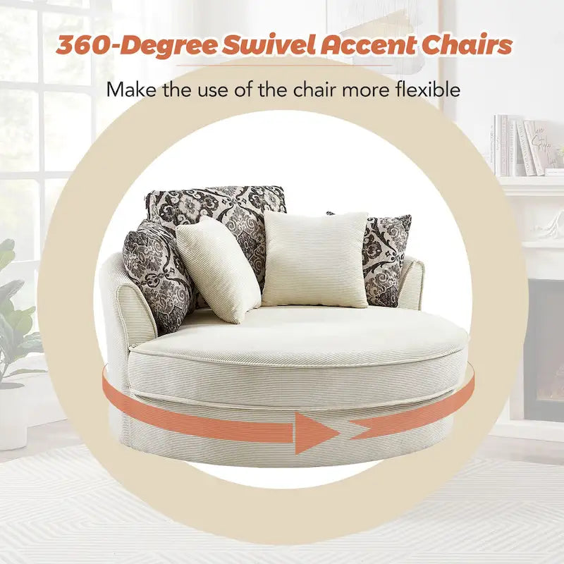 Rotating bucket chairs create a relaxed and comfortable living space.