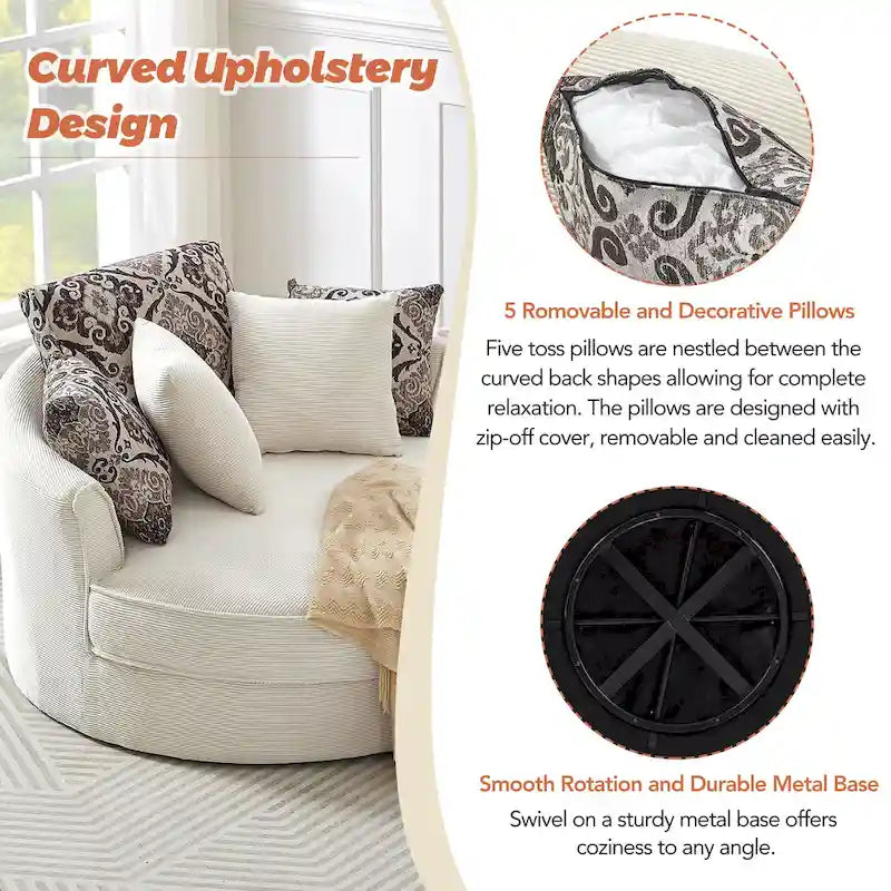 Rotating bucket chairs create a relaxed and comfortable living space.
