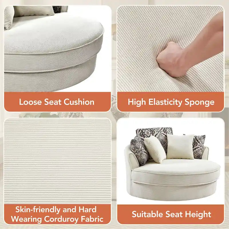 Rotating bucket chairs create a relaxed and comfortable living space.