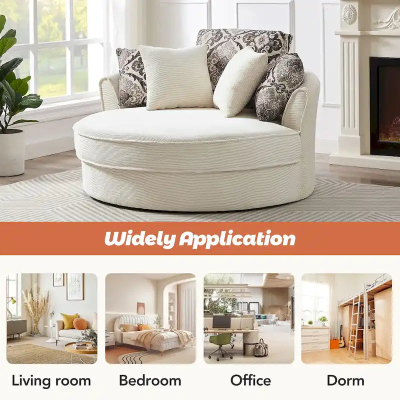 Rotating bucket chairs create a relaxed and comfortable living space.