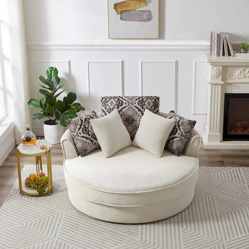 Rotating bucket chairs create a relaxed and comfortable living space.