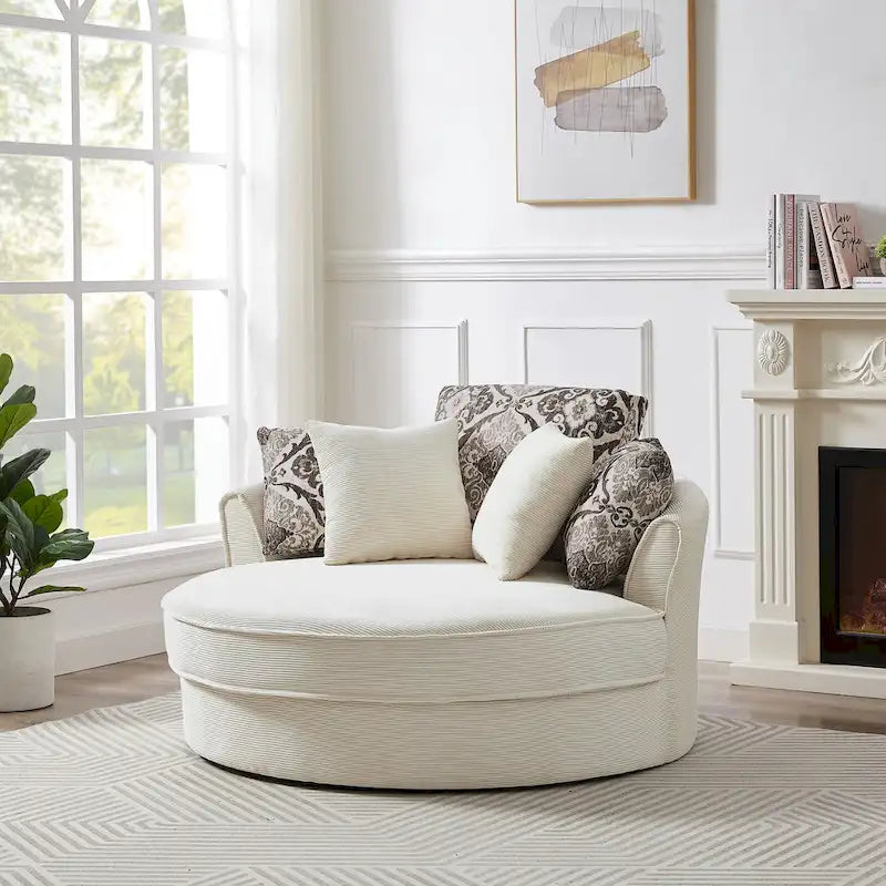 Rotating bucket chairs create a relaxed and comfortable living space.