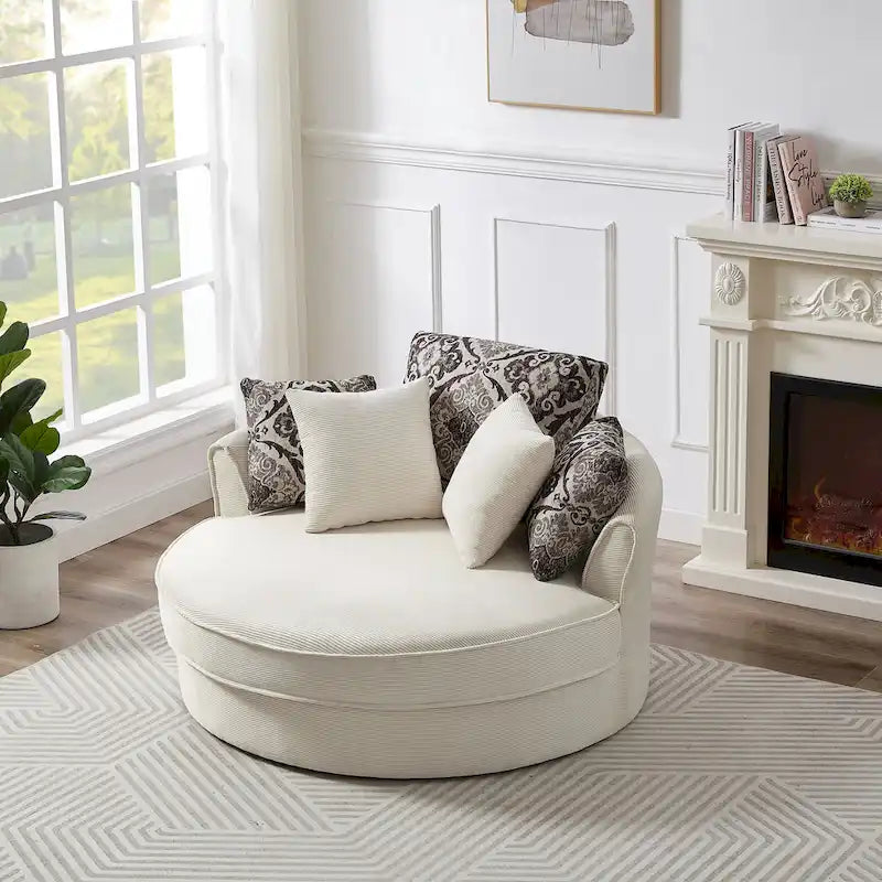 Rotating bucket chairs create a relaxed and comfortable living space.