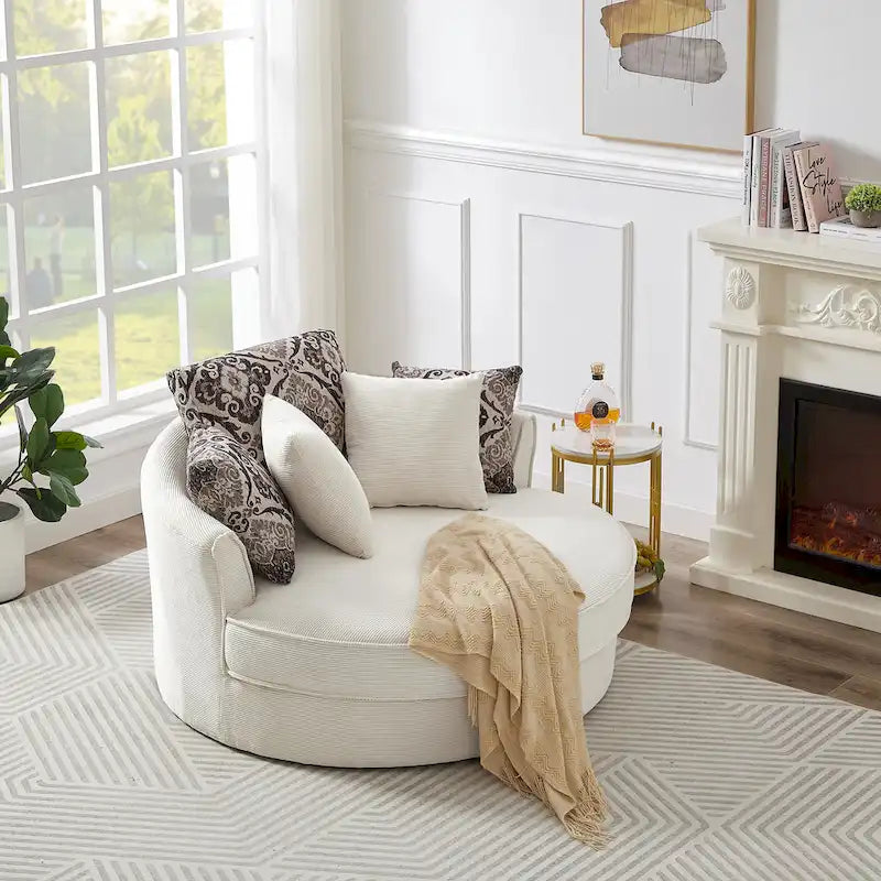 Rotating bucket chairs create a relaxed and comfortable living space.