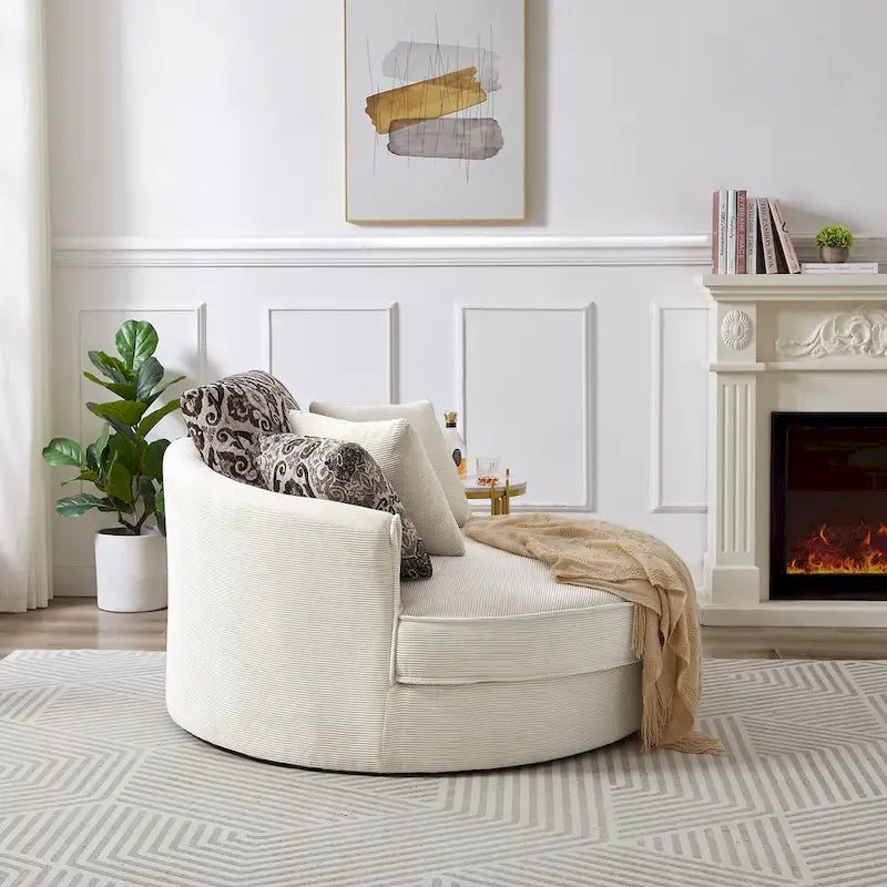 Rotating bucket chairs create a relaxed and comfortable living space.