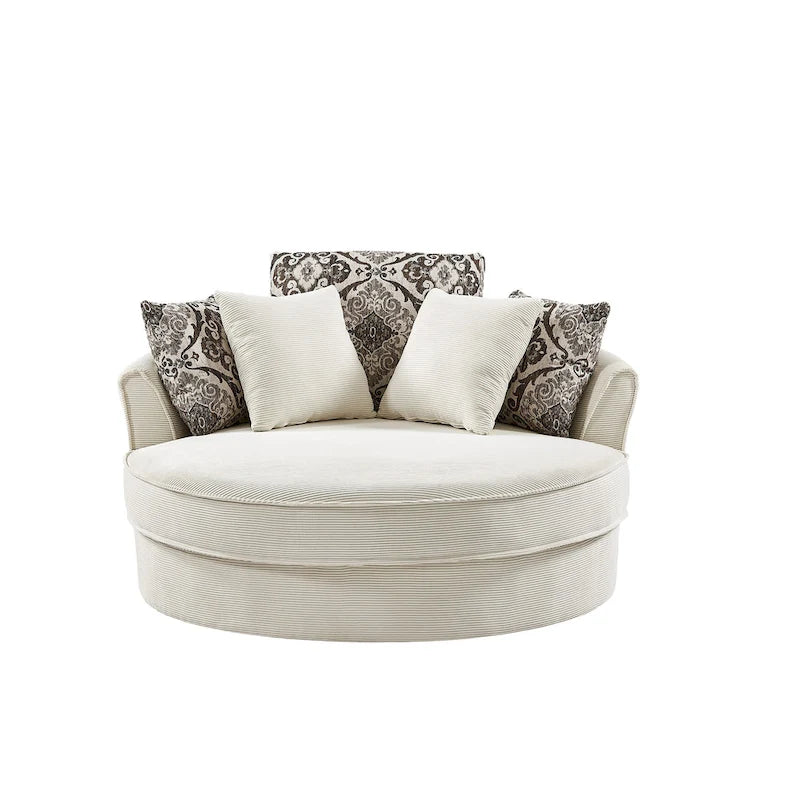 Rotating bucket chairs create a relaxed and comfortable living space.