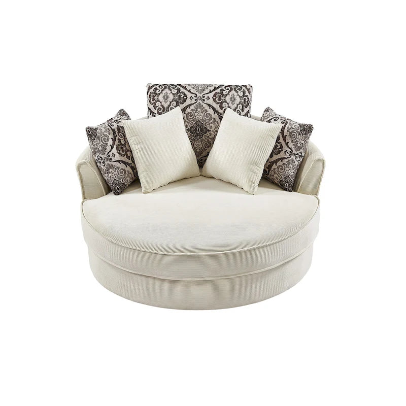 Rotating bucket chairs create a relaxed and comfortable living space.