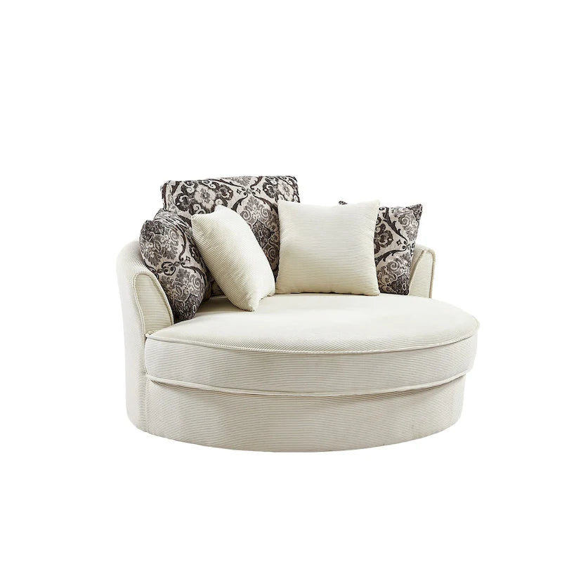 Rotating bucket chairs create a relaxed and comfortable living space.
