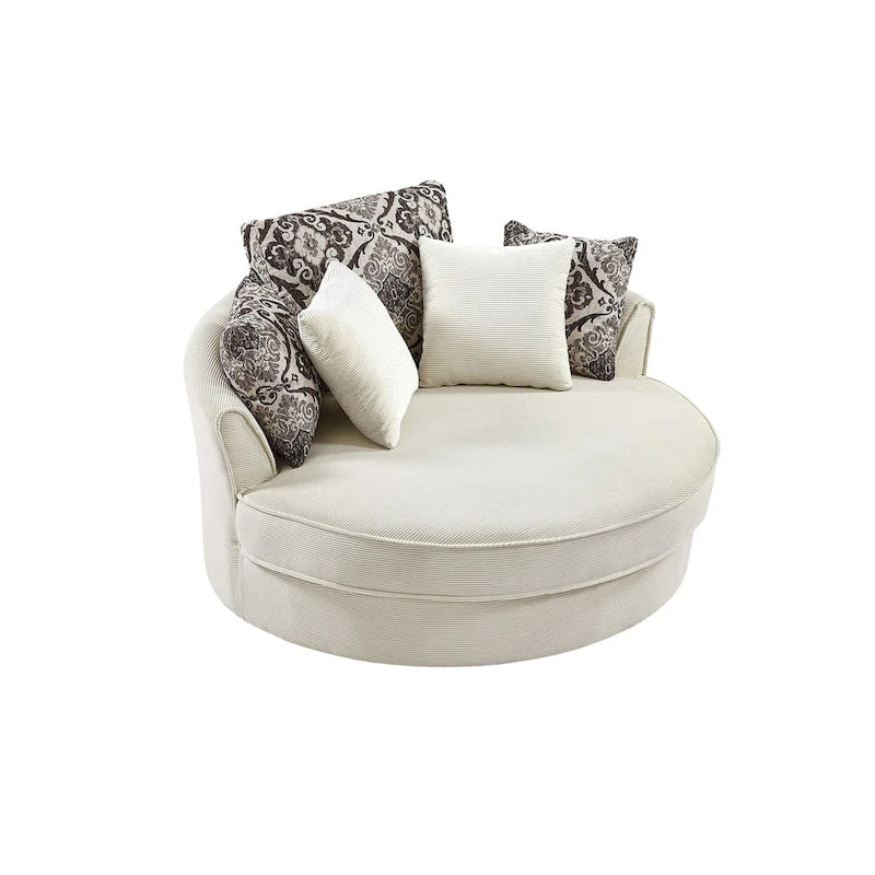 Rotating bucket chairs create a relaxed and comfortable living space.