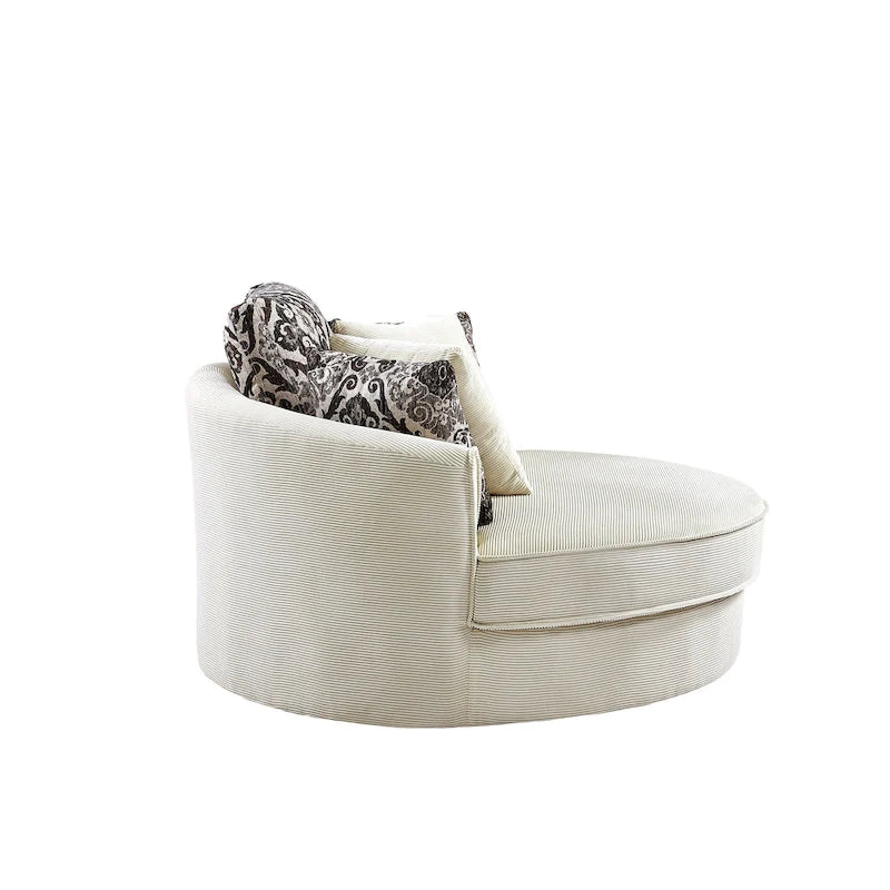 Rotating bucket chairs create a relaxed and comfortable living space.