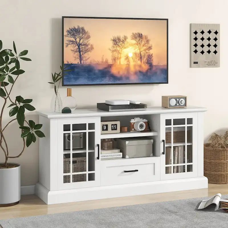 Farmhouse TV Stand for TVs up to 70 Media Center w/Glass Doors