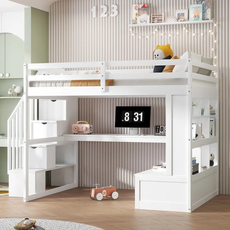 White Full Size Solid Wood Loft Bed with Desk, Shelves, and Storage Staircase