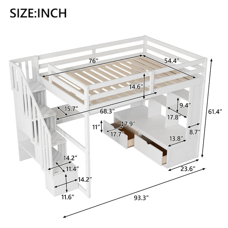 White Full Size Solid Wood Loft Bed with Desk, Shelves, and Storage Staircase
