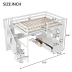 Lit mezzanine pleine grandeur blanc en bois massif avec bureau, étagères et escalier de rangement