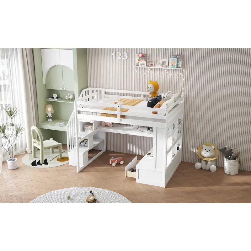 White Full Size Solid Wood Loft Bed with Desk, Shelves, and Storage Staircase