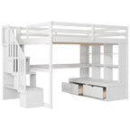 Lit mezzanine pleine grandeur blanc en bois massif avec bureau, étagères et escalier de rangement