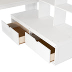 Lit mezzanine pleine grandeur blanc en bois massif avec bureau, étagères et escalier de rangement