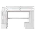 Lit mezzanine pleine grandeur blanc en bois massif avec bureau, étagères et escalier de rangement