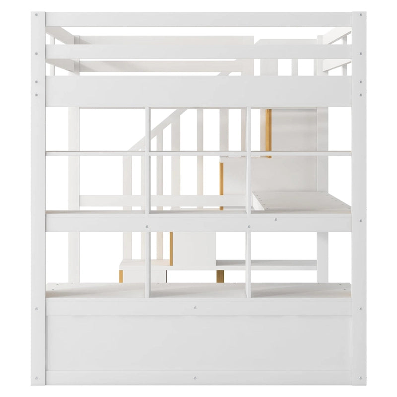 White Full Size Solid Wood Loft Bed with Desk, Shelves, and Storage Staircase