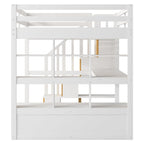 Lit mezzanine pleine grandeur blanc en bois massif avec bureau, étagères et escalier de rangement
