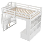 Lit mezzanine pleine grandeur blanc en bois massif avec bureau, étagères et escalier de rangement