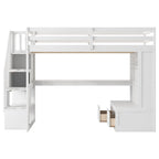 Lit mezzanine pleine grandeur blanc en bois massif avec bureau, étagères et escalier de rangement