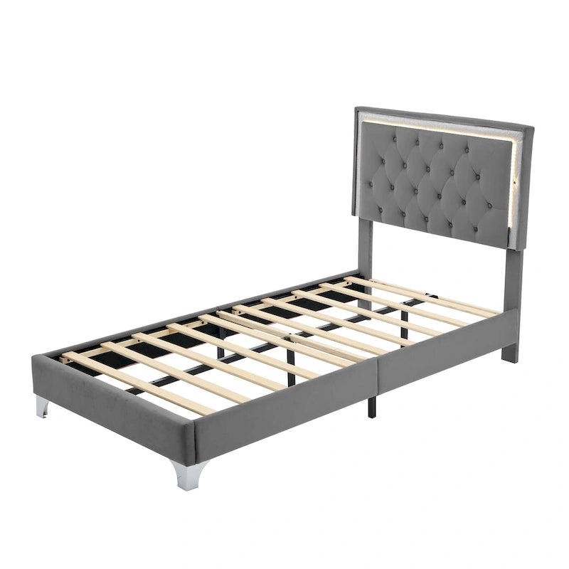 Grey Twin Velvet Bed with LED Lights & Tufted Headboard
