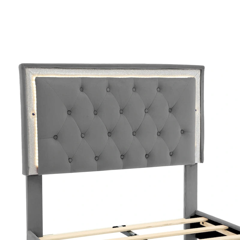 Grey Twin Velvet Bed with LED Lights & Tufted Headboard