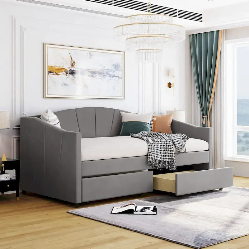 Twin Velvet Daybed with Drawers & Wood Slats