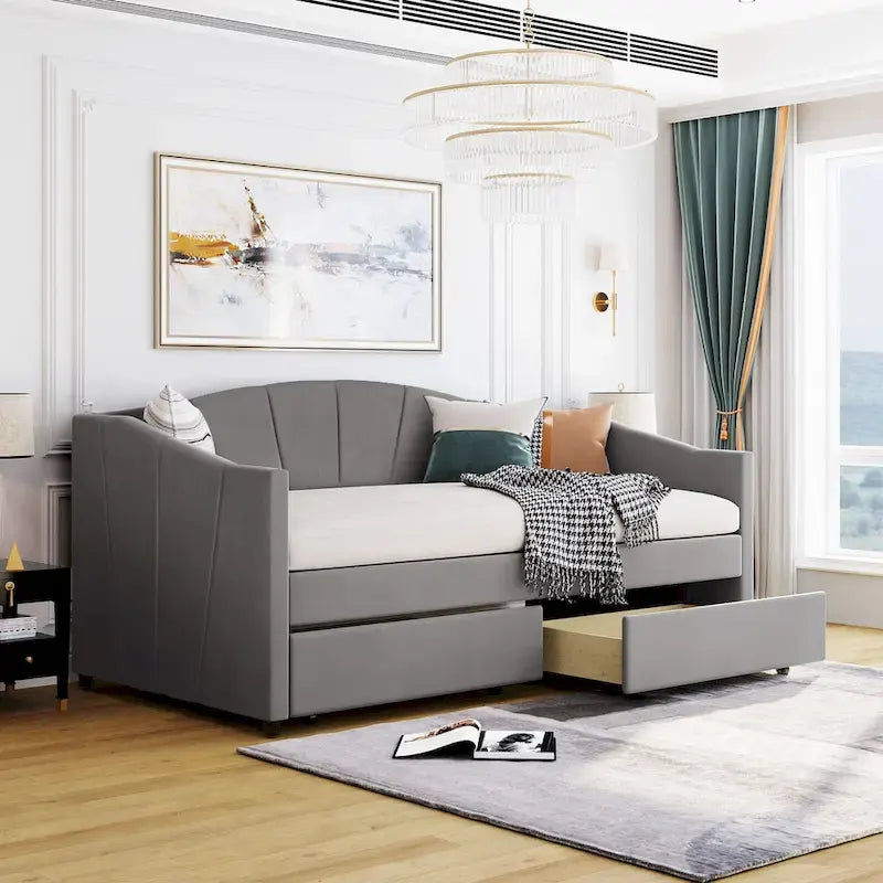 Twin Velvet Daybed with Drawers & Wood Slats