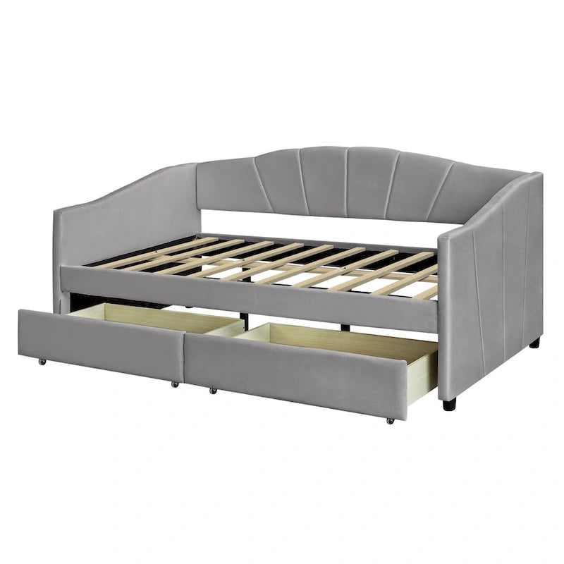 Twin Velvet Daybed with Drawers & Wood Slats