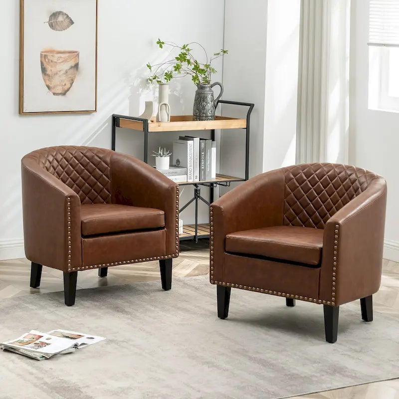29 PU Faux Leather Club Armchair with Nailheads, Set of 2