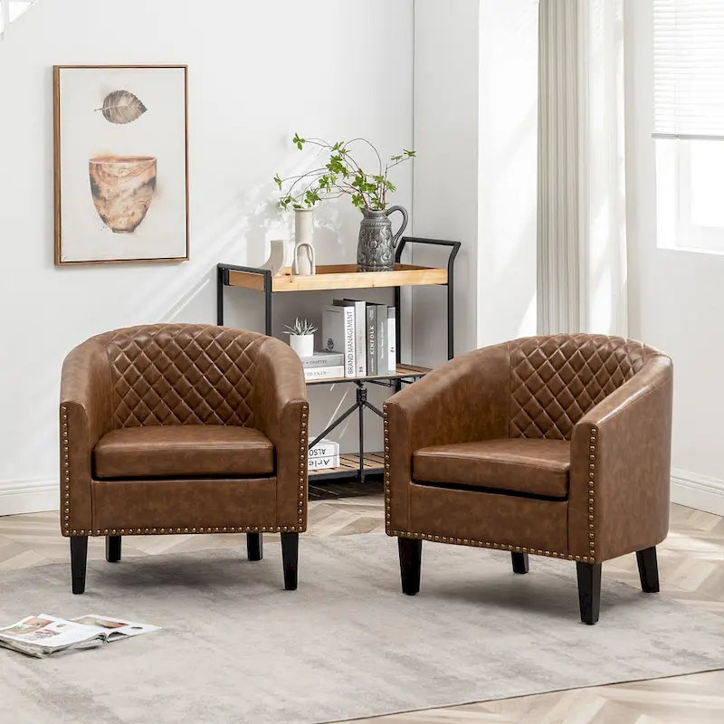 29 PU Faux Leather Club Armchair with Nailheads, Set of 2