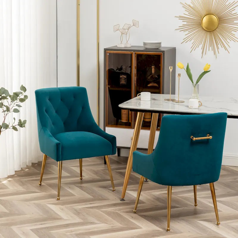 Modern Boucle Velvet Upholstered Accent Dining Chair Set of 2 Tufted Back Armless Chair with Golden Legs