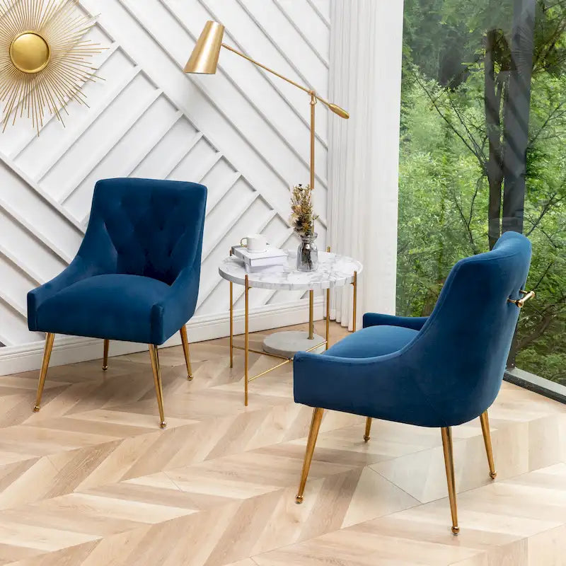 Modern Boucle Velvet Upholstered Accent Dining Chair Set of 2 Tufted Back Armless Chair with Golden Legs