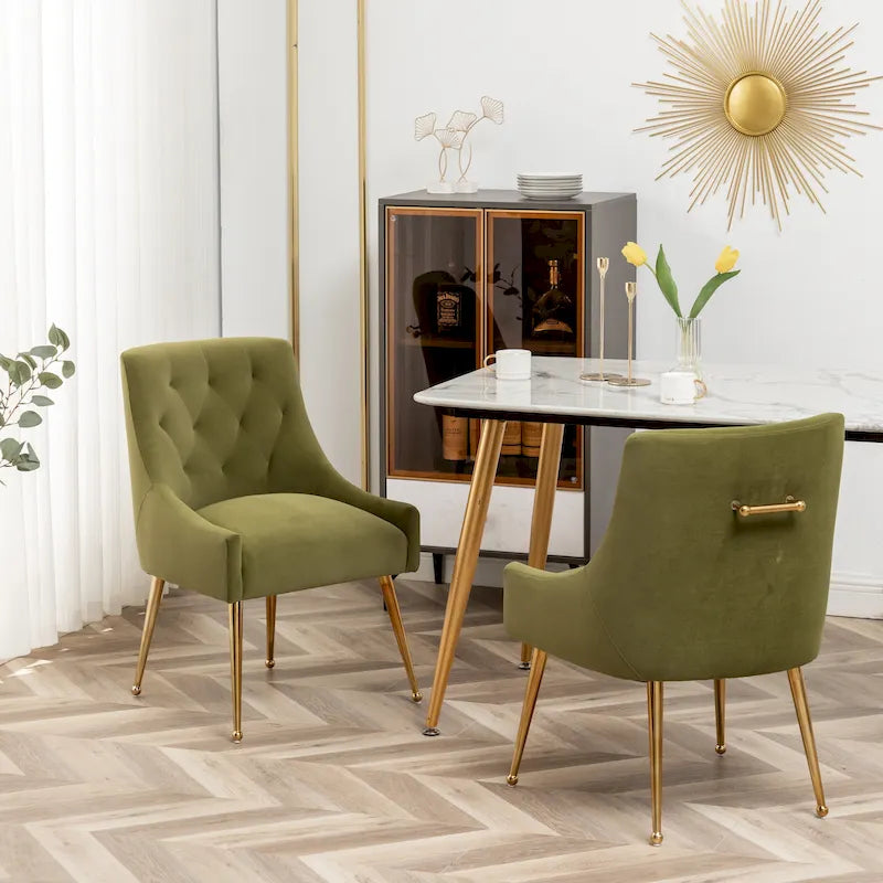 Modern Boucle Velvet Upholstered Accent Dining Chair Set of 2 Tufted Back Armless Chair with Golden Legs