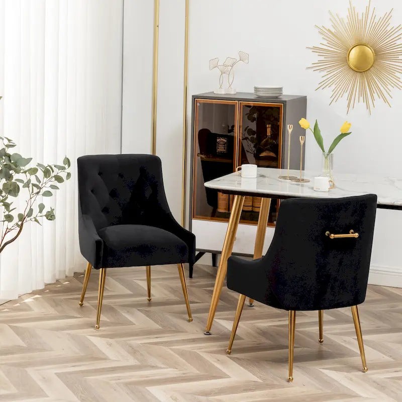 Modern Boucle Velvet Upholstered Accent Dining Chair Set of 2 Tufted Back Armless Chair with Golden Legs