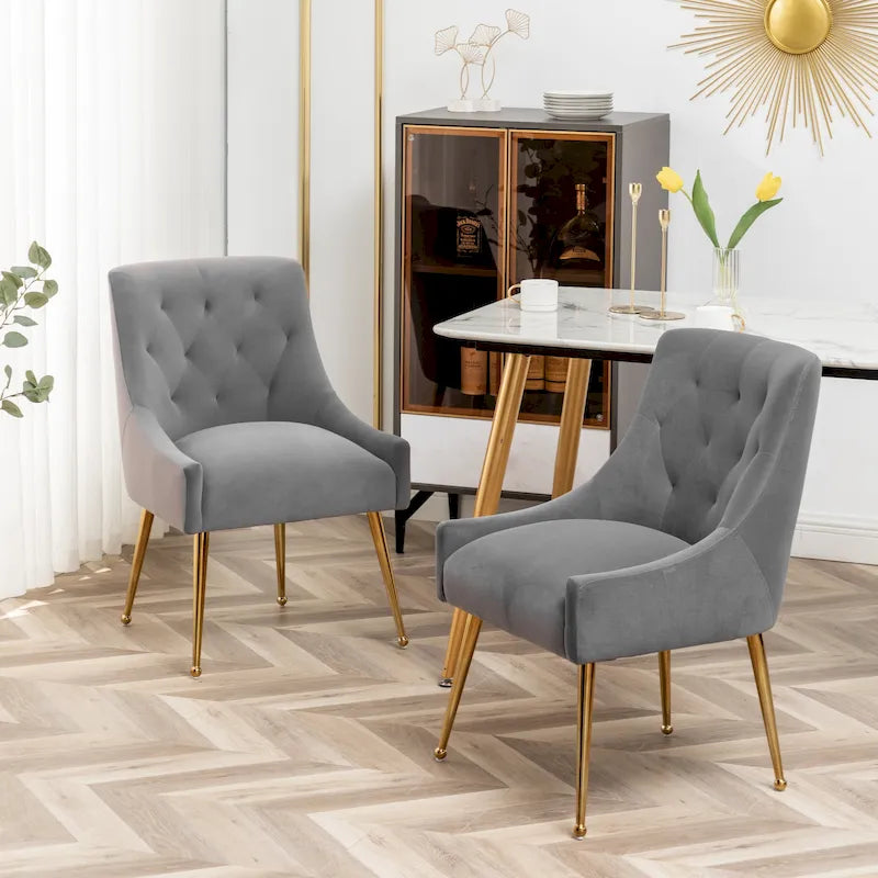 Modern Boucle Velvet Upholstered Accent Dining Chair Set of 2 Tufted Back Armless Chair with Golden Legs