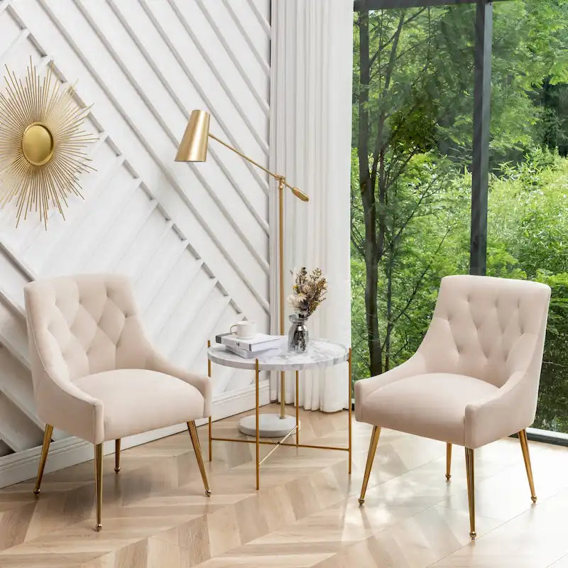 Modern Boucle Velvet Upholstered Accent Dining Chair Set of 2 Tufted Back Armless Chair with Golden Legs