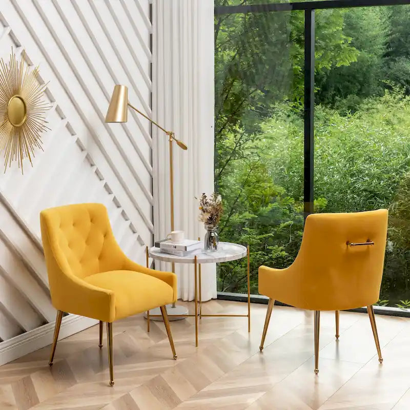 Modern Boucle Velvet Upholstered Accent Dining Chair Set of 2 Tufted Back Armless Chair with Golden Legs
