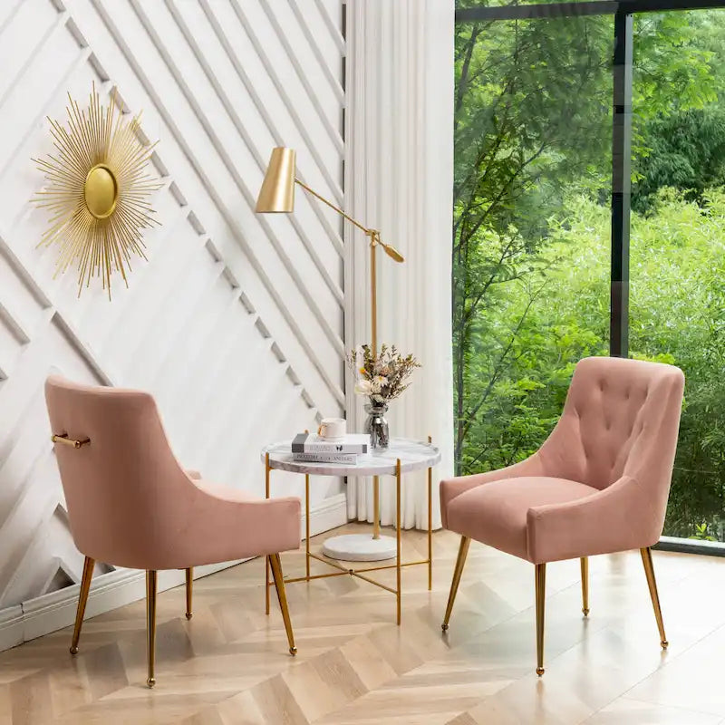 Modern Boucle Velvet Upholstered Accent Dining Chair Set of 2 Tufted Back Armless Chair with Golden Legs