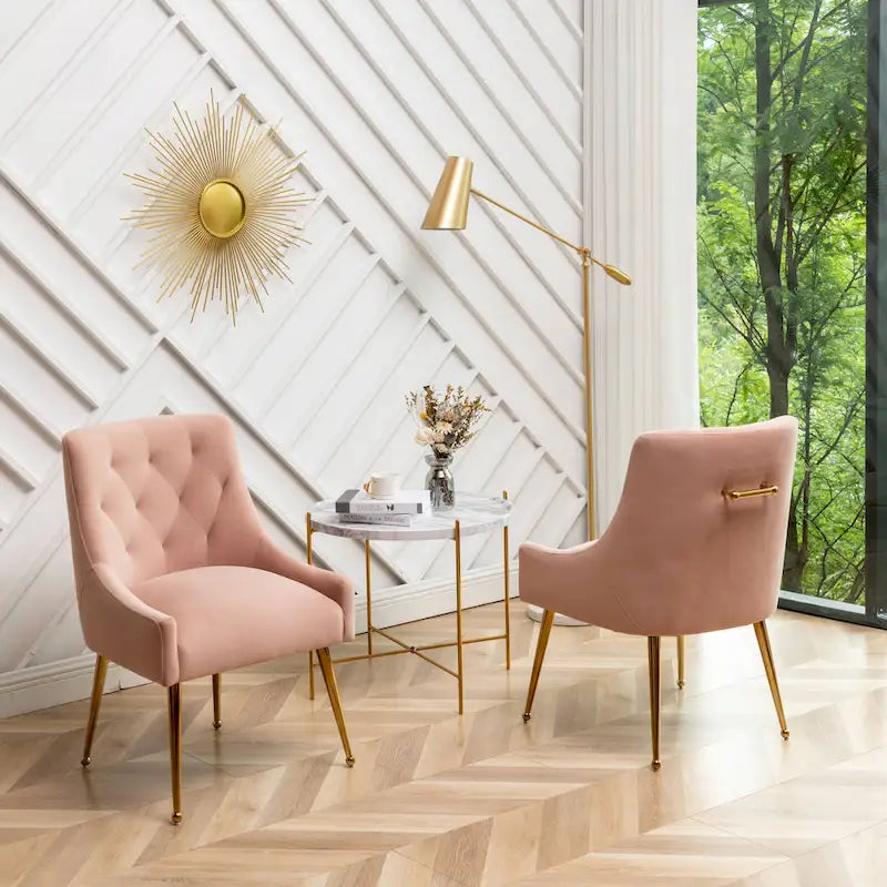 Modern Boucle Velvet Upholstered Accent Dining Chair Set of 2 Tufted Back Armless Chair with Golden Legs
