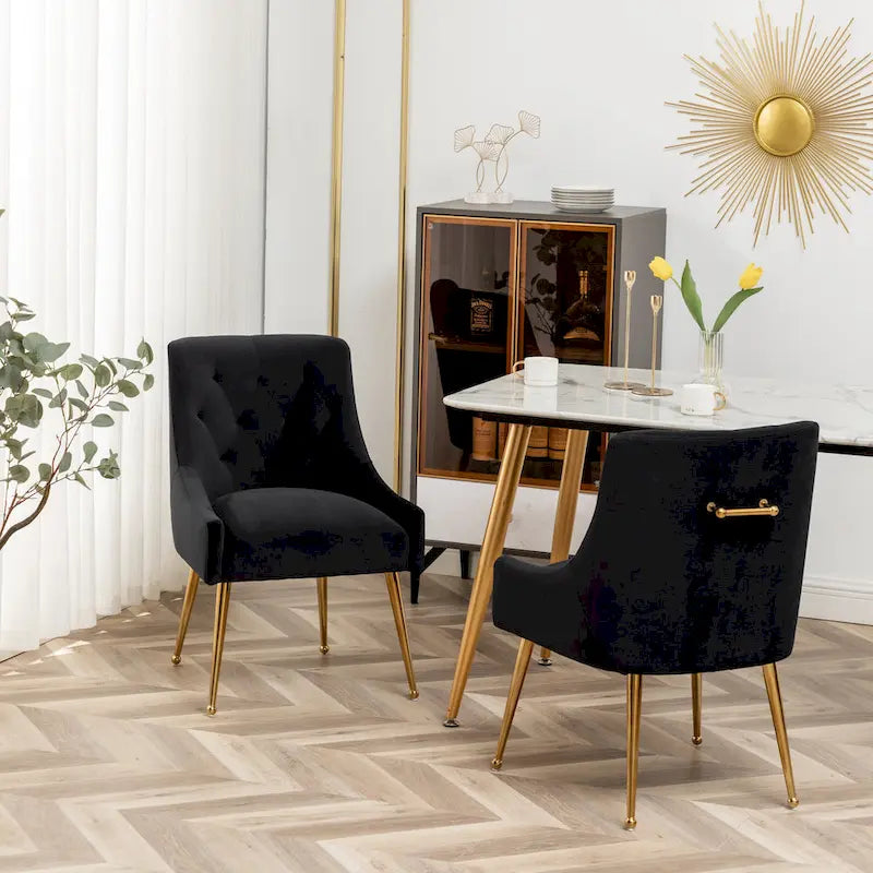 Modern Boucle Velvet Upholstered Accent Dining Chair Set of 2 Tufted Back Armless Chair with Golden Legs